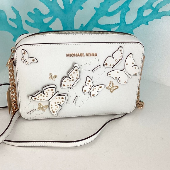 NWT $298 Michael Kors Small Crossbody Bag Butterfly Print White W Gold Leather - Picture 1 of 9